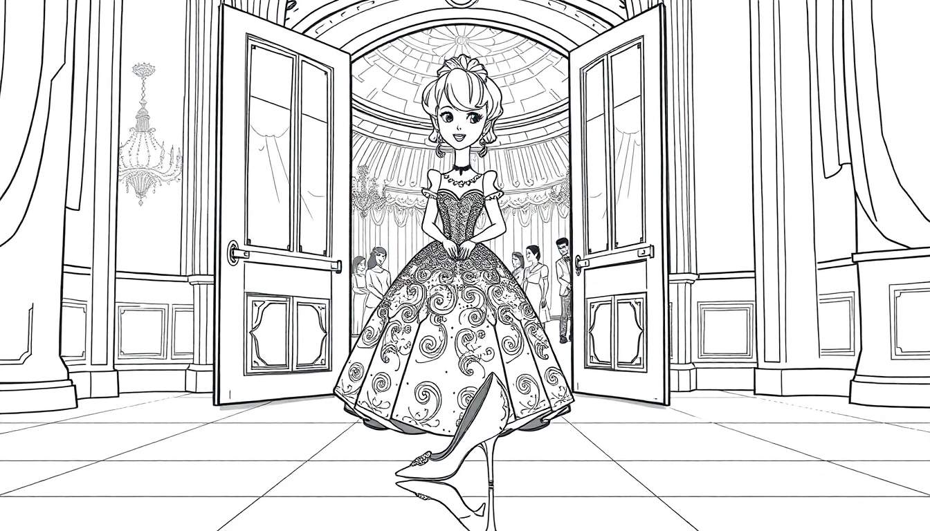 Placa de color de Cenicienta lista para el baile, con su tacón de aguja reflejado en el suelo pulido.