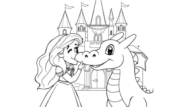 Placa de color de una princesa y un dragón amistoso frente a un castillo.
