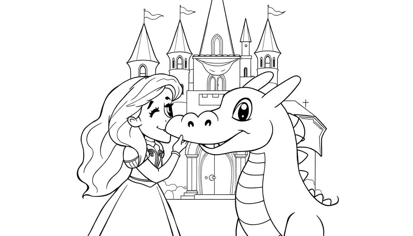 Placa de color de una princesa y un dragón amistoso frente a un castillo.
