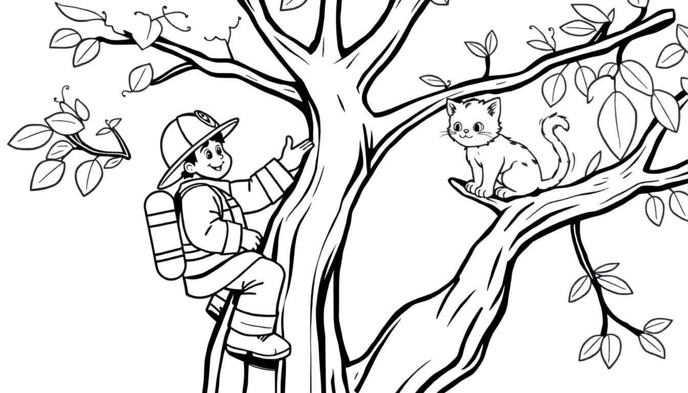 Placa de color de un bombero subiendo una escalera para rescatar a un gato de un árbol.