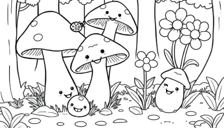Página para colorear de setas felices en un bosque, con una mariquita y flores.