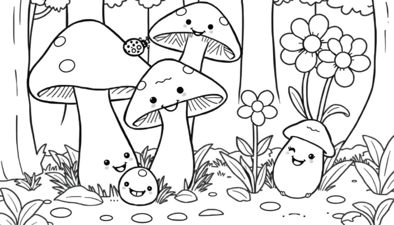 Página para colorear de setas felices en un bosque, con una mariquita y flores.
