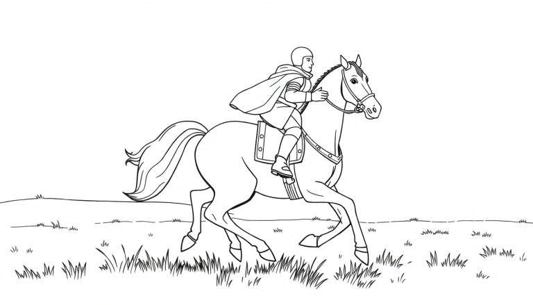 Caballero valiente a caballo, listo para colorear en esta placa de color.