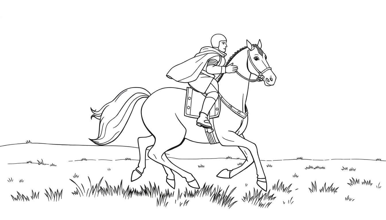 Caballero valiente a caballo, listo para colorear en esta placa de color.