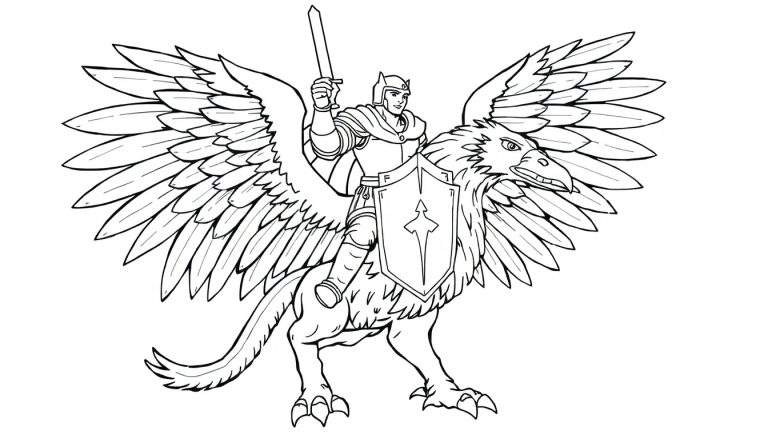 Placa de color de un caballero valiente en un grifo mágico con alas de águila y cuerpo de león.