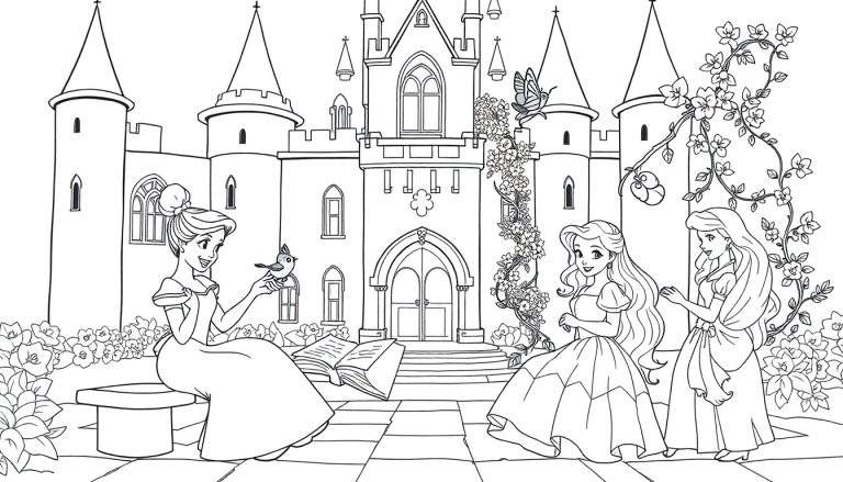 Una placa de color con un castillo mágico y princesas.