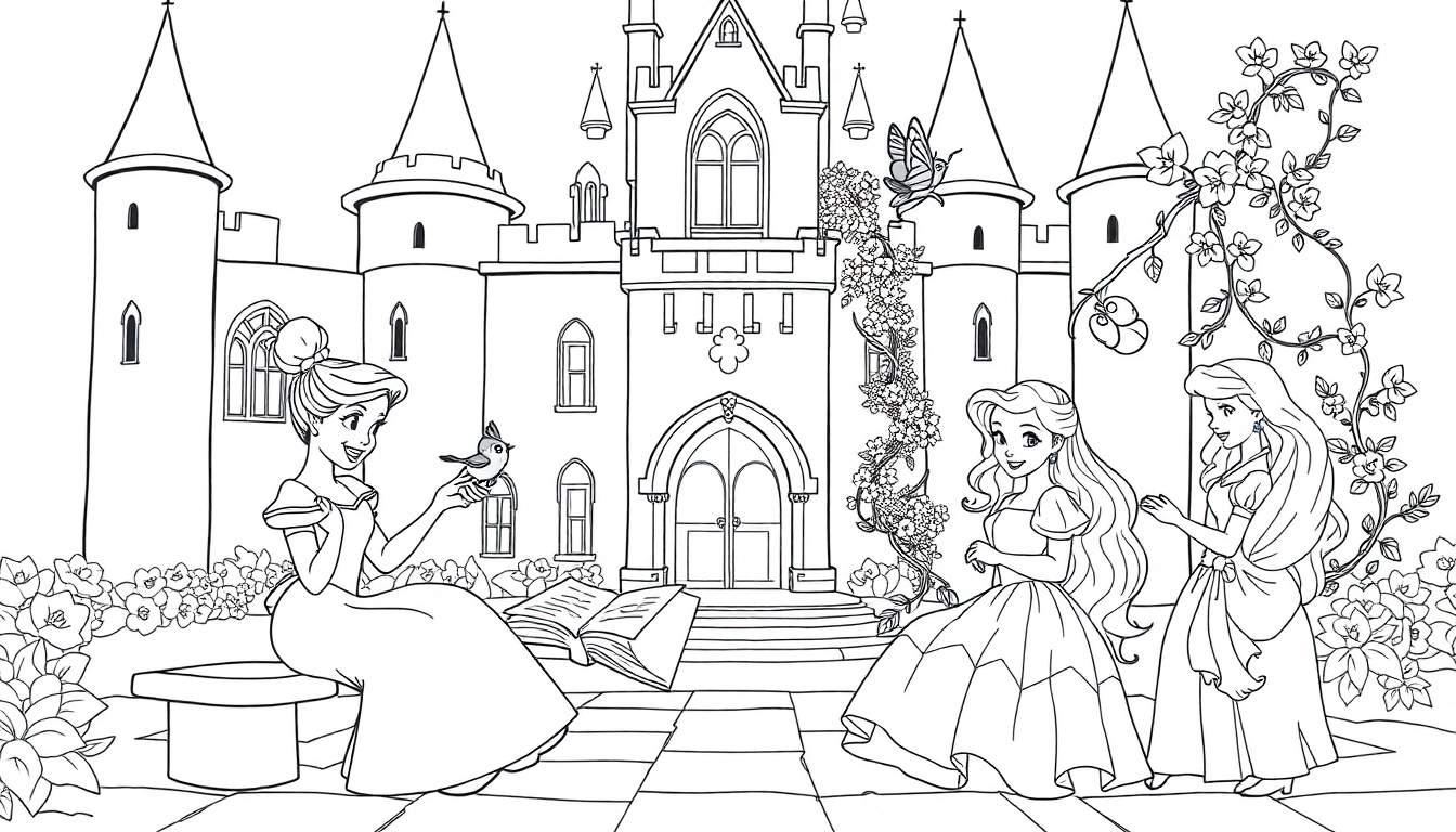 Una placa de color con un castillo mágico y princesas.