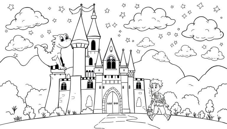 Placa de color de un castillo con un dragón amigable y un príncipe