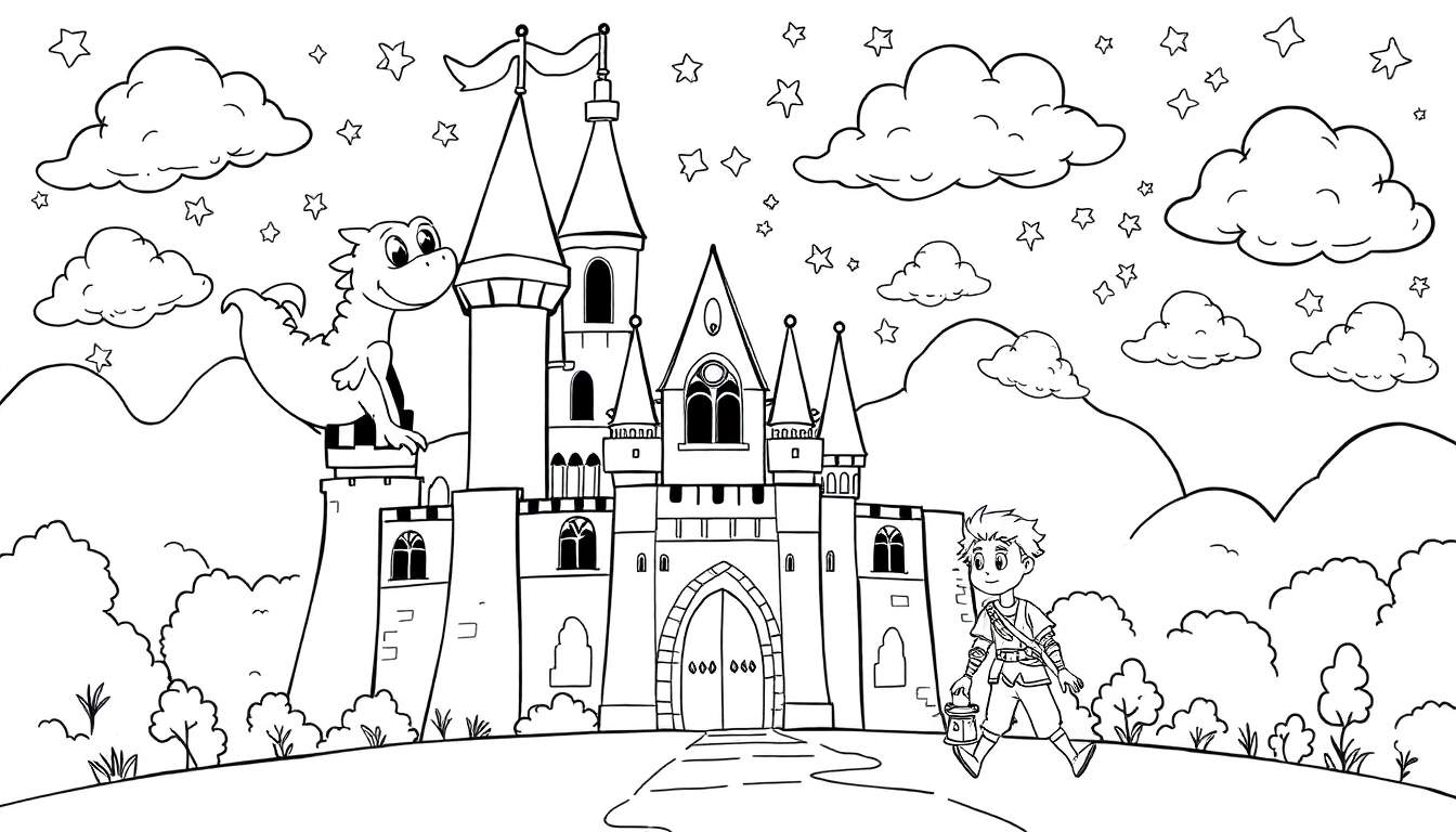 Placa de color de un castillo con un dragón amigable y un príncipe