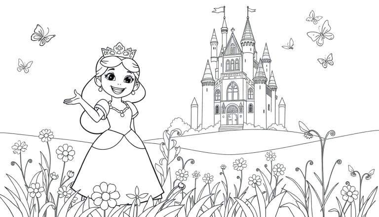 Una placa de color en blanco y negro de una princesa sonriente con corona y vestido, junto a su castillo mágico rodeada de flores y mariposas.