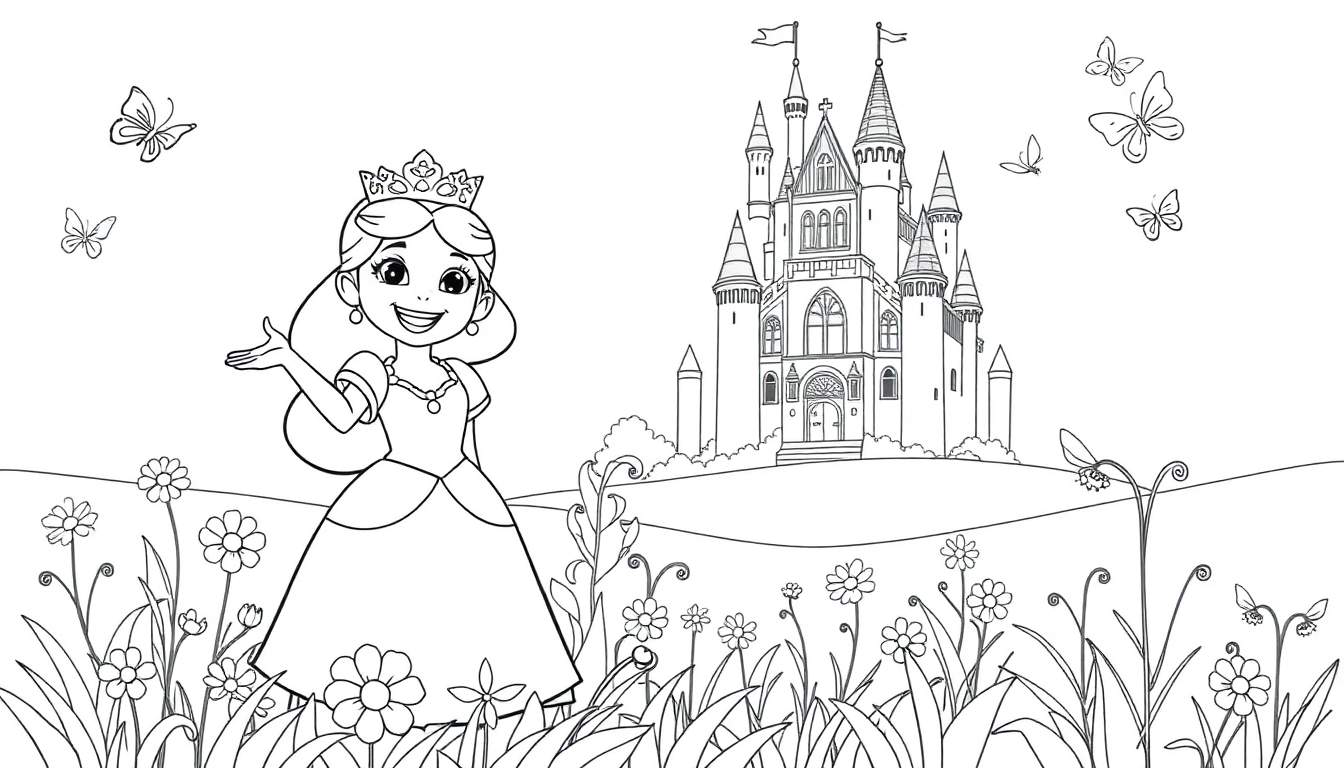 Una placa de color en blanco y negro de una princesa sonriente con corona y vestido, junto a su castillo mágico rodeada de flores y mariposas.