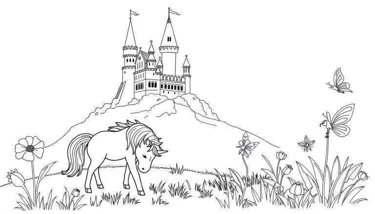 Placa de color de un castillo mágico en una colina con un unicornio y hadas.