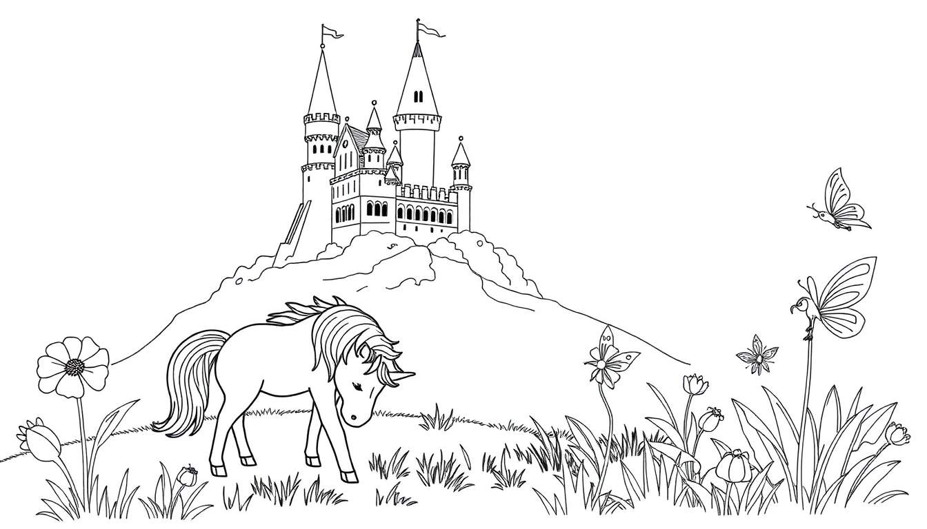 Placa de color de un castillo mágico en una colina con un unicornio y hadas.