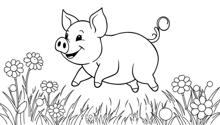Cerdo feliz corriendo en un campo de flores, listo para colorear en la placa de color.