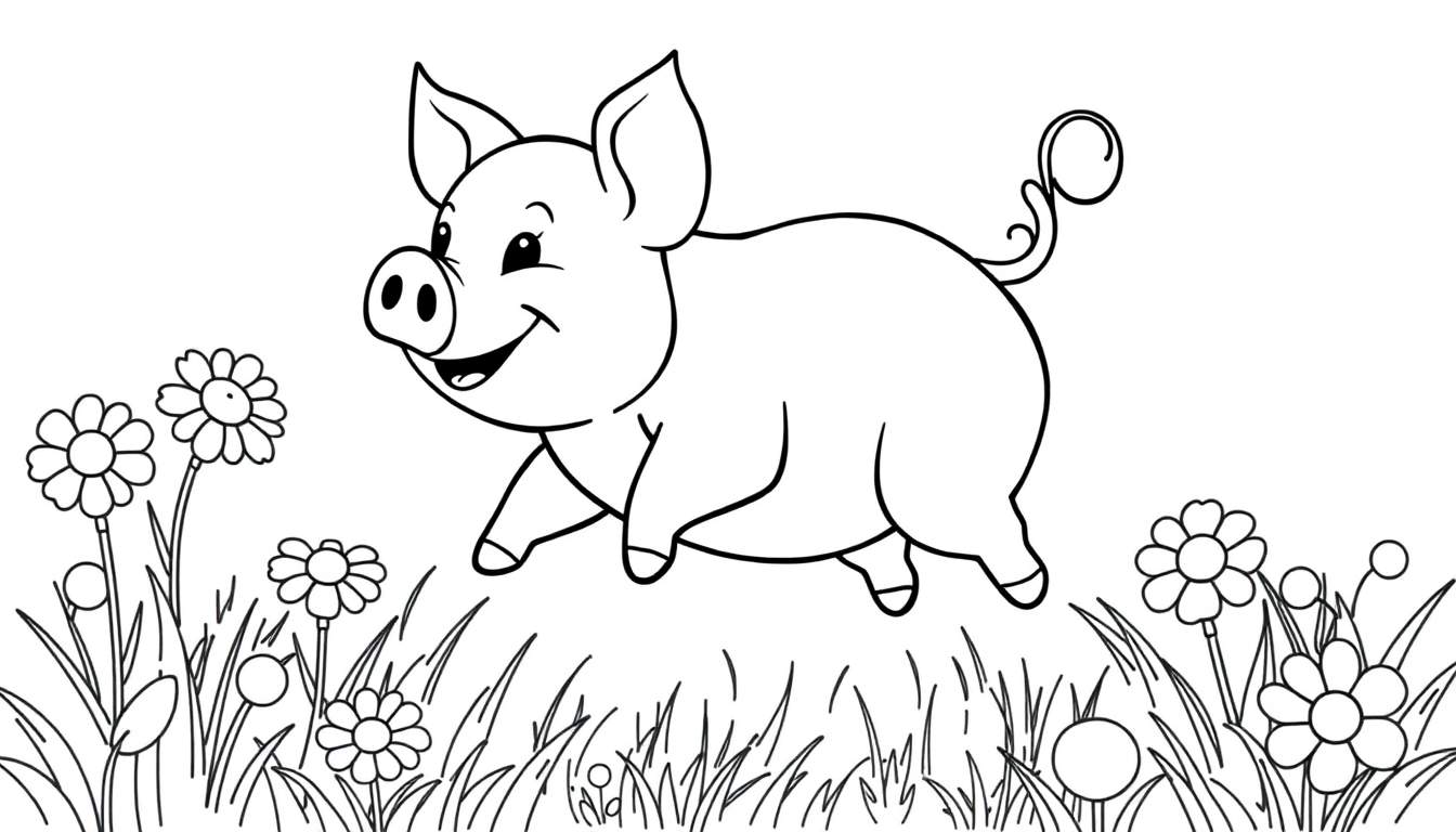 Cerdo feliz corriendo en un campo de flores, listo para colorear en la placa de color.