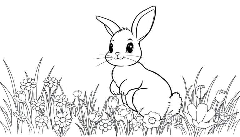 Un conejito adorable en una placa de color para colorear, rodeado de flores.