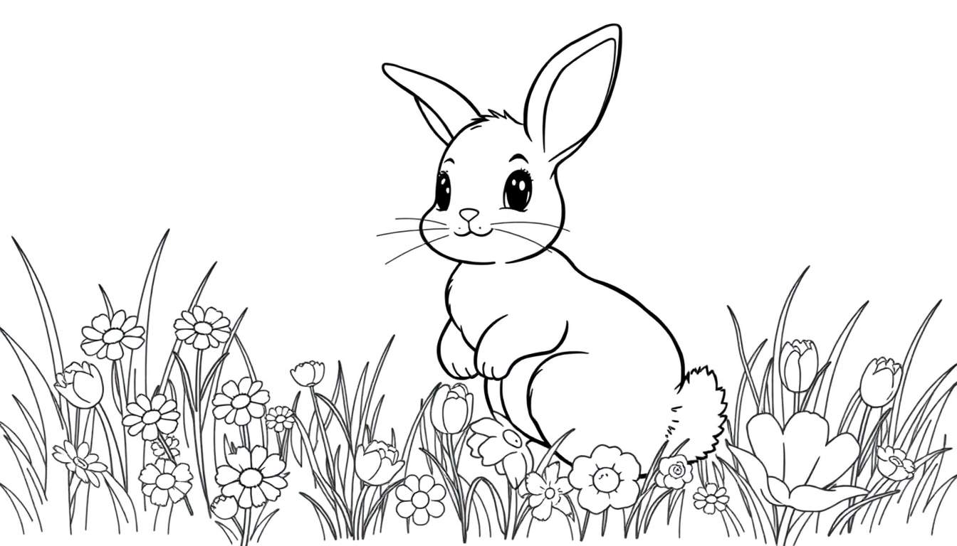 Un conejito adorable en una placa de color para colorear, rodeado de flores.