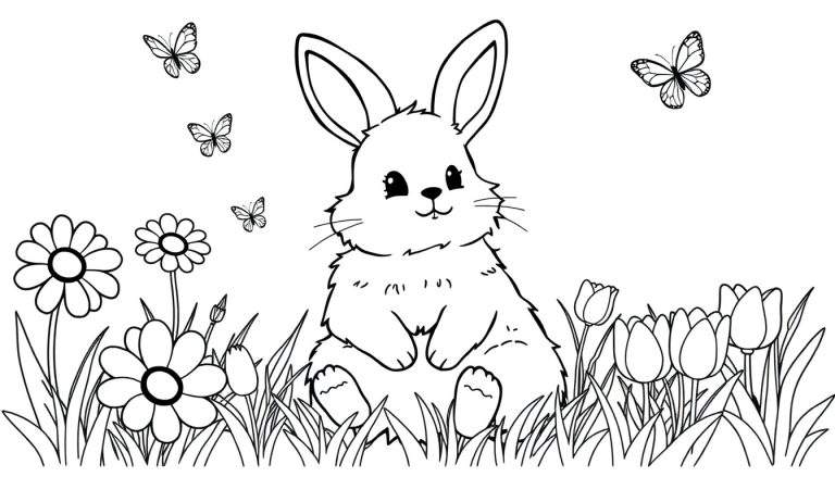 Página para colorear de un lindo conejito sentado en un campo de flores con mariposas en el cielo.