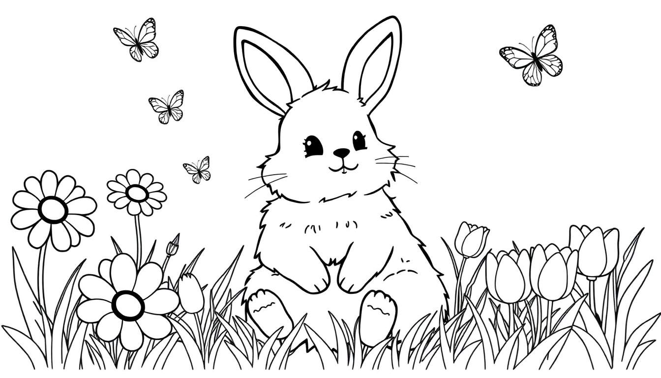 Página para colorear de un lindo conejito sentado en un campo de flores con mariposas en el cielo.