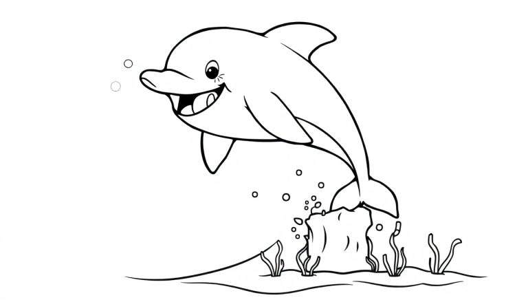 Placa de color: un delfín sonriente salta del agua.