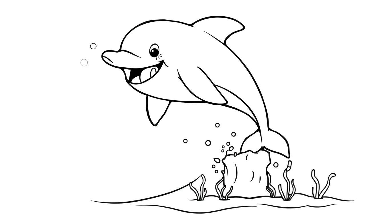 Placa de color: un delfín sonriente salta del agua.