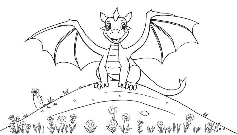 Una placa de color de un dragón amigable sentado en una colina florida.