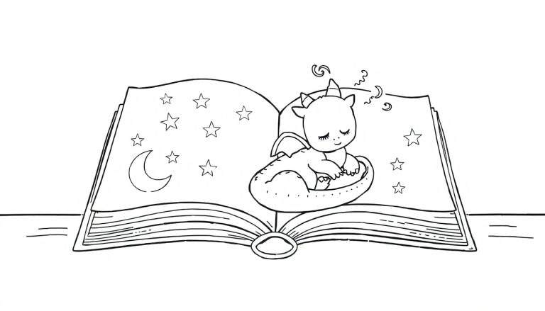 Placa de color de un libro abierto con un dragón durmiendo.
