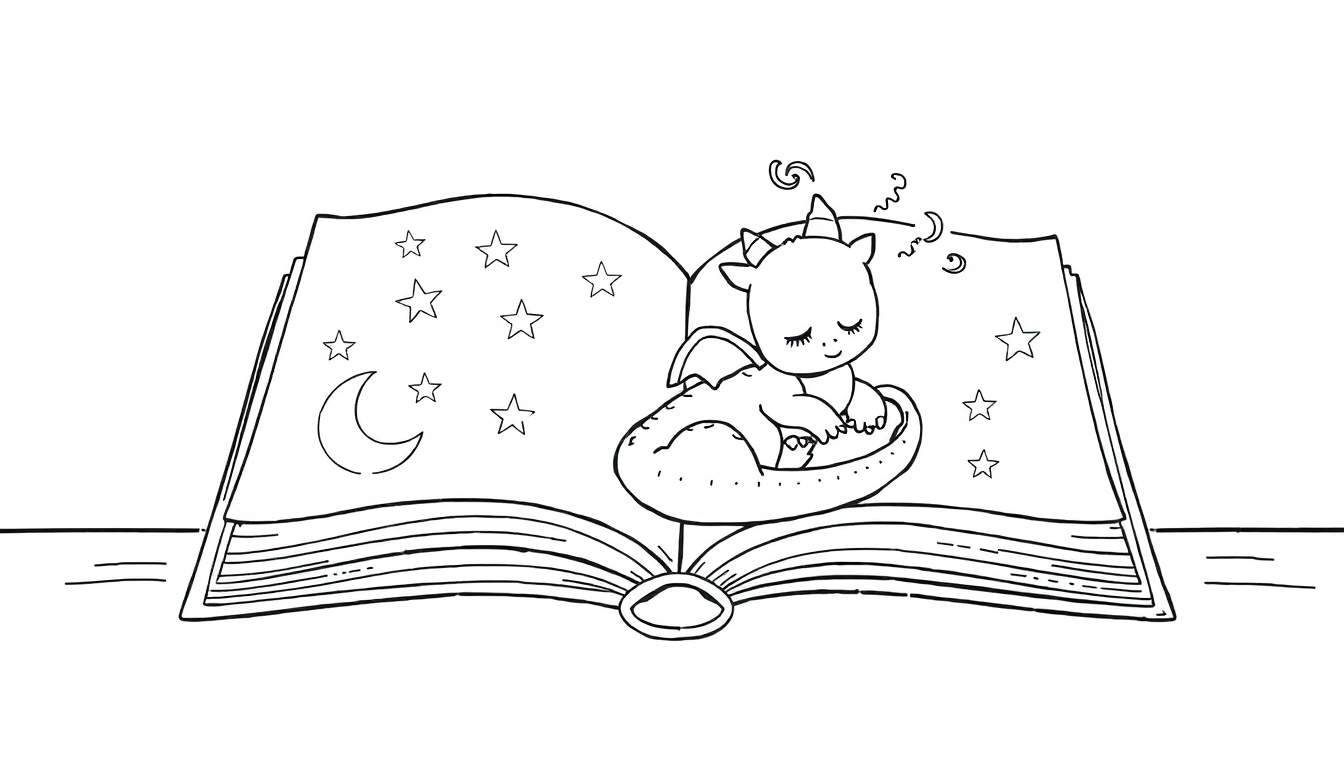 Placa de color de un libro abierto con un dragón durmiendo.