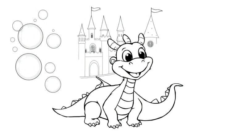 Placa de color de un dragón amigable soplando burbujas frente a un castillo.