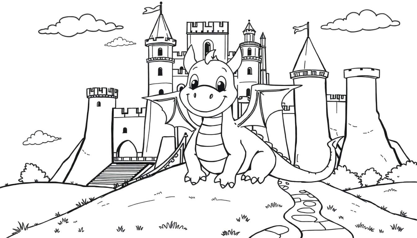 Placa de color de un dragón amigable y un castillo de fantasía.