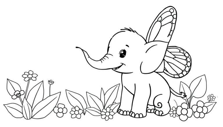 Placa de color: Un elefante bebé con alas de mariposa en un jardín.