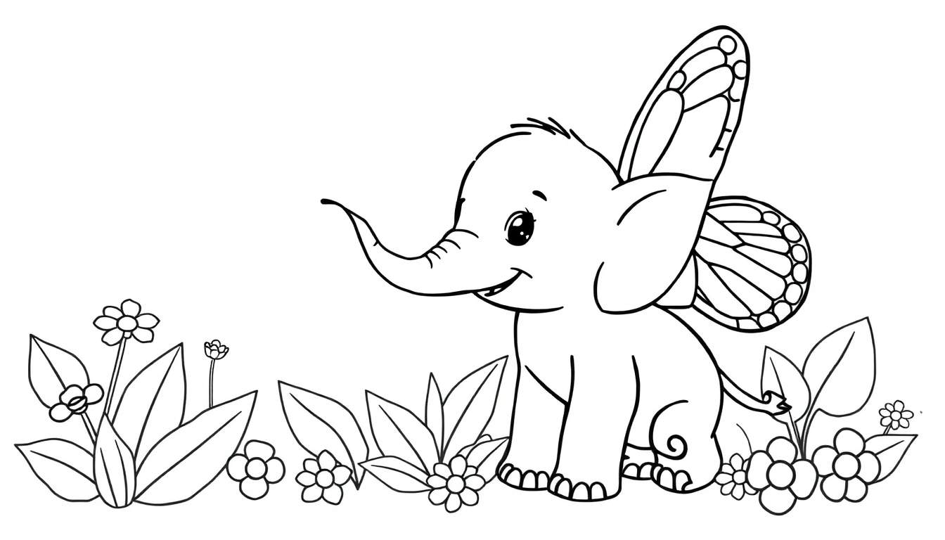 Placa de color: Un elefante bebé con alas de mariposa en un jardín.