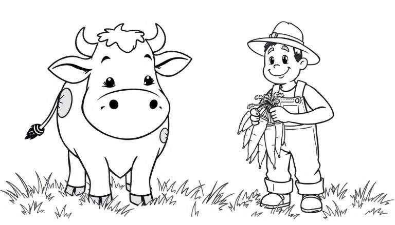 Placa de color de un granjero sonriente con un sombrero, mono y zapatos, sosteniendo zanahorias, junto a una vaca sonriente en un campo.