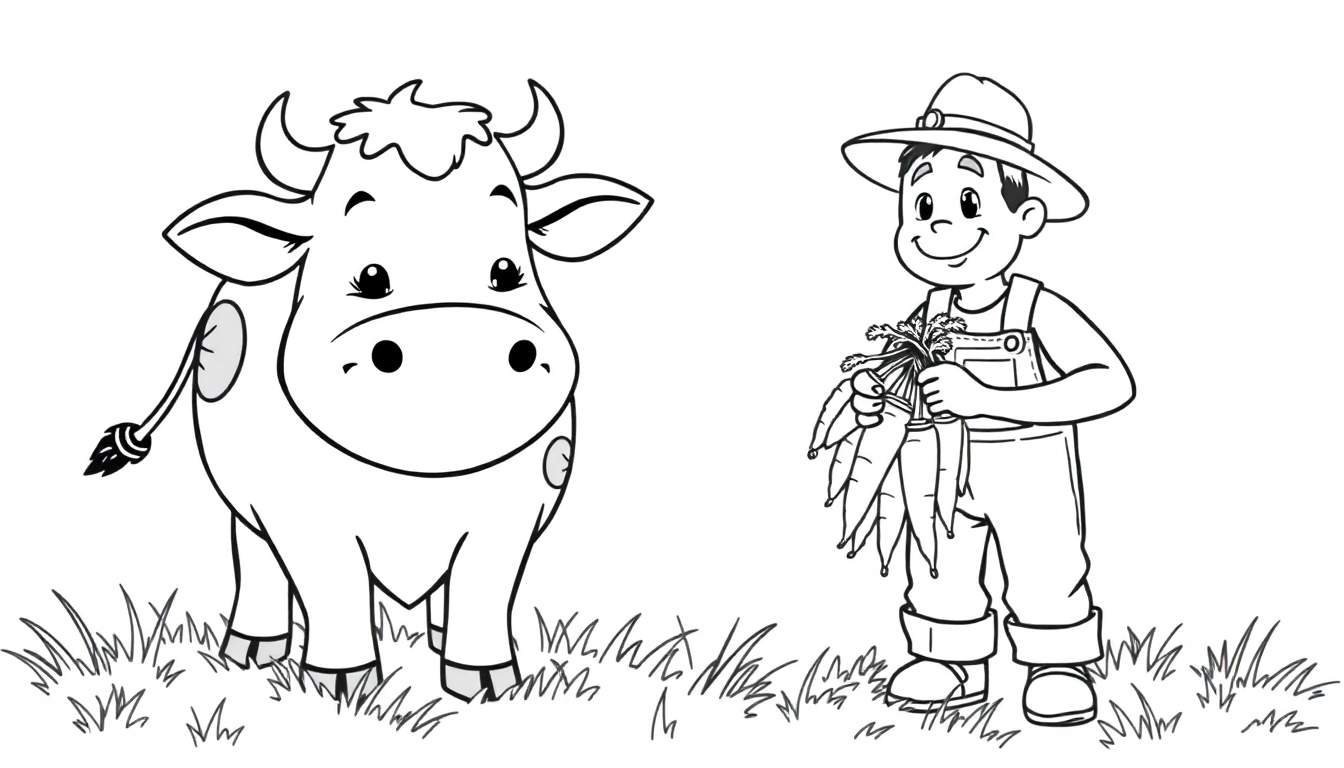 Placa de color de un granjero sonriente con un sombrero, mono y zapatos, sosteniendo zanahorias, junto a una vaca sonriente en un campo.