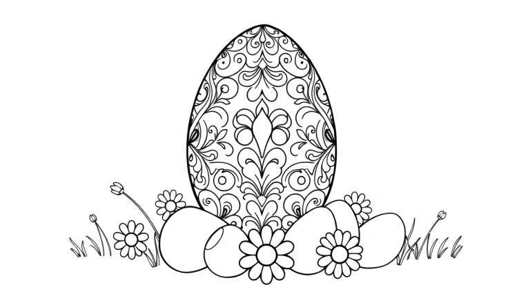 Placa de color con un huevo de Pascua grande decorado con flores y hierbas.