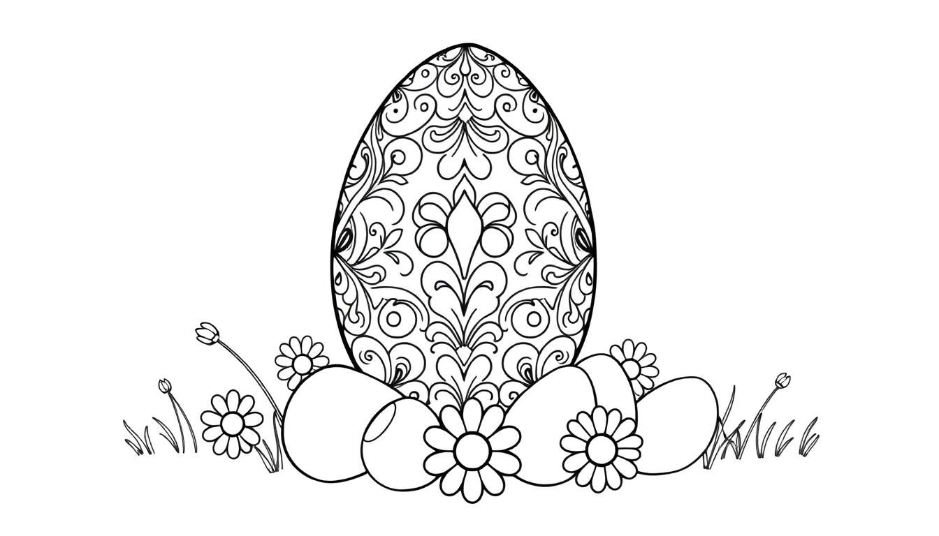 Placa de color con un huevo de Pascua grande decorado con flores y hierbas.