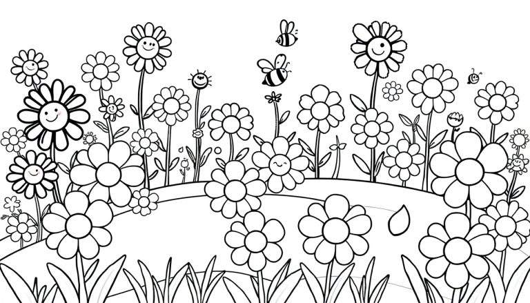 Placa de color de un jardín con flores sonrientes y abejas.
