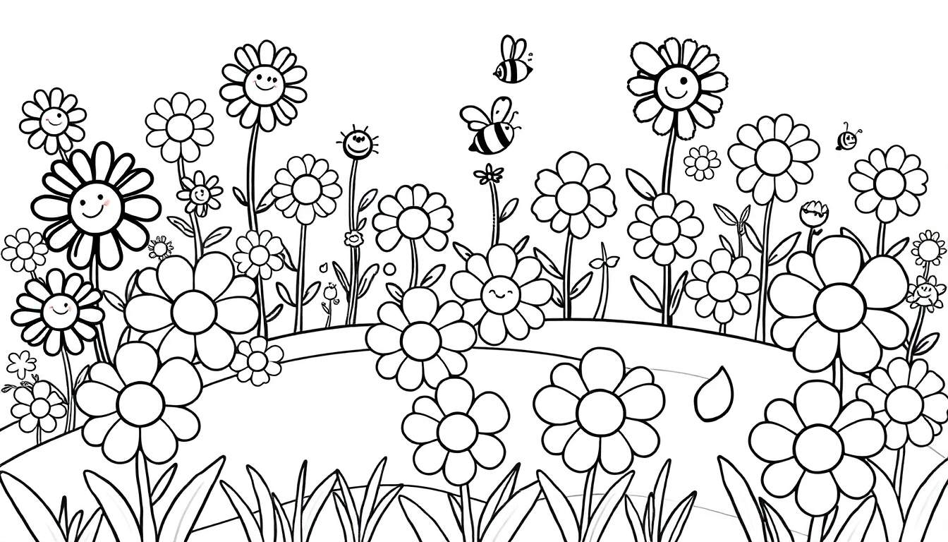 Placa de color de un jardín con flores sonrientes y abejas.