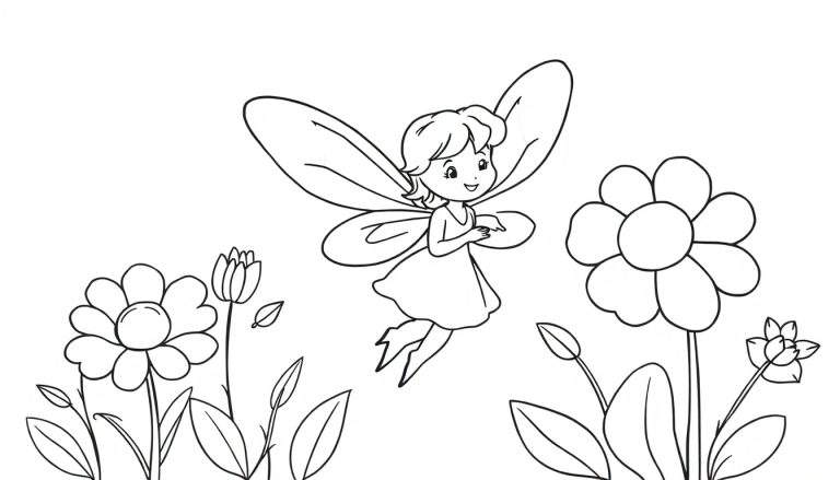 Placa de color: un hada sonriente volando entre flores de aspecto infantil.