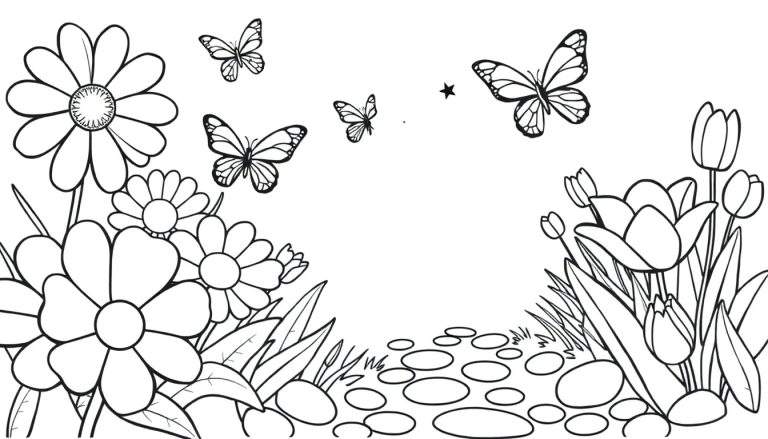 Placa de color de un jardín con margaritas, tulipanes y mariposas.