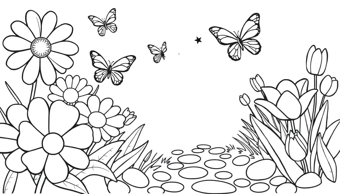 Placa de color de un jardín con margaritas, tulipanes y mariposas.