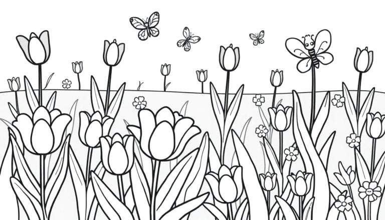 Placa de color con tulipanes y mariposas.