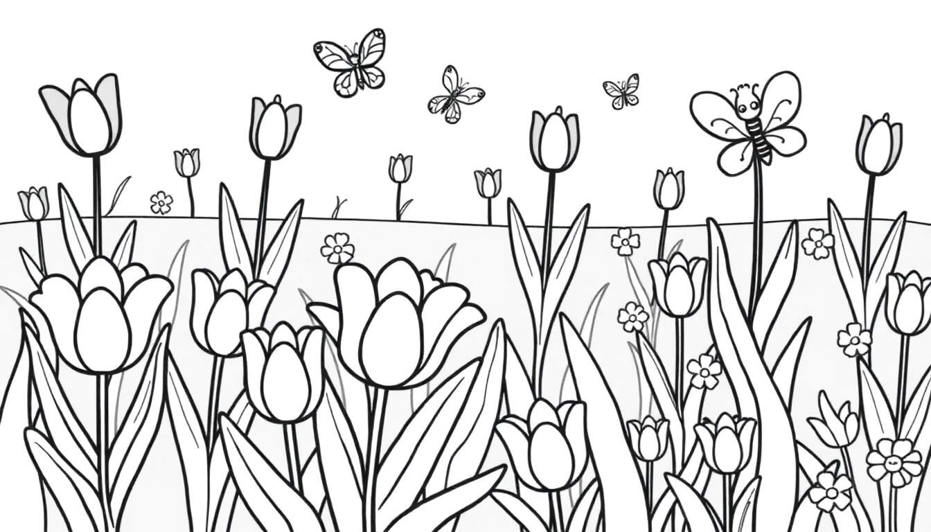 Placa de color con tulipanes y mariposas.