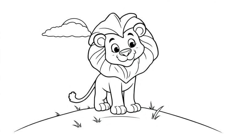 Un león de dibujos animados amigable listo para colorear, con una gran melena y una sonrisa, sobre una colina con hierba y una nube.