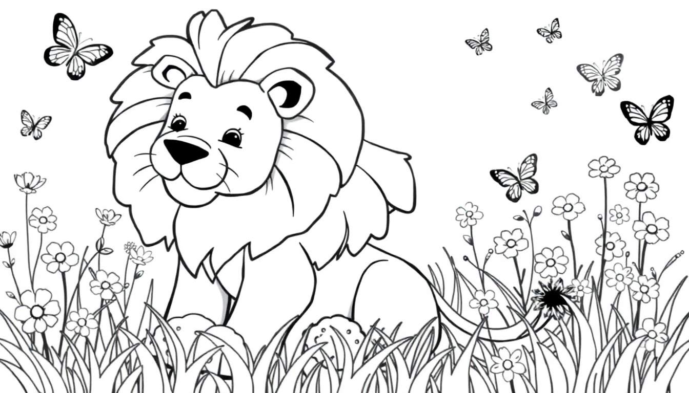 Placa de color de un león amigable con melena para colorear, rodeado de flores y mariposas.