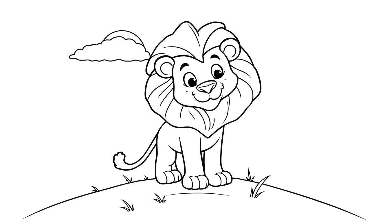 Un león de dibujos animados amigable listo para colorear, con una gran melena y una sonrisa, sobre una colina con hierba y una nube.