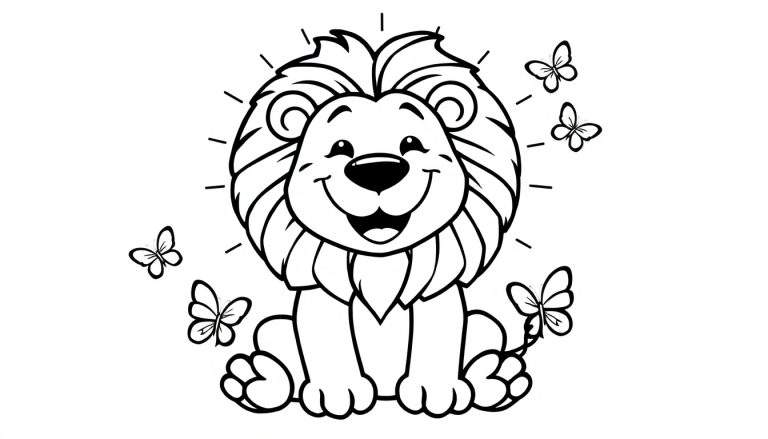 Placa de color de un león amigable para colorear, rodeado de mariposas.