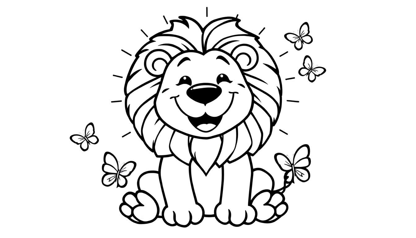 Placa de color de un león amigable para colorear, rodeado de mariposas.
