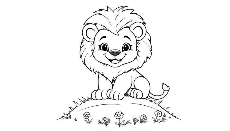 Placa de color de un león de dibujos animados amigable sentado sobre una colina con flores.