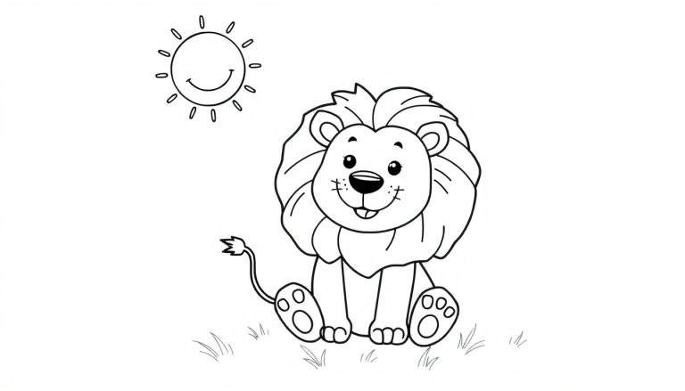Placa de color de un león amigable bajo un sol sonriente.